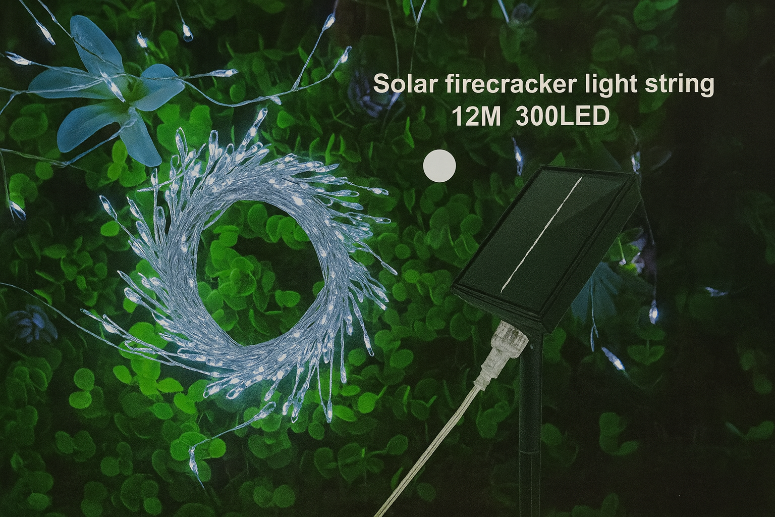 12 m-es Napelemes „Tűzijáték” LED Fényfüzér – 300 LED, kültéri dekoráció hidegfehér