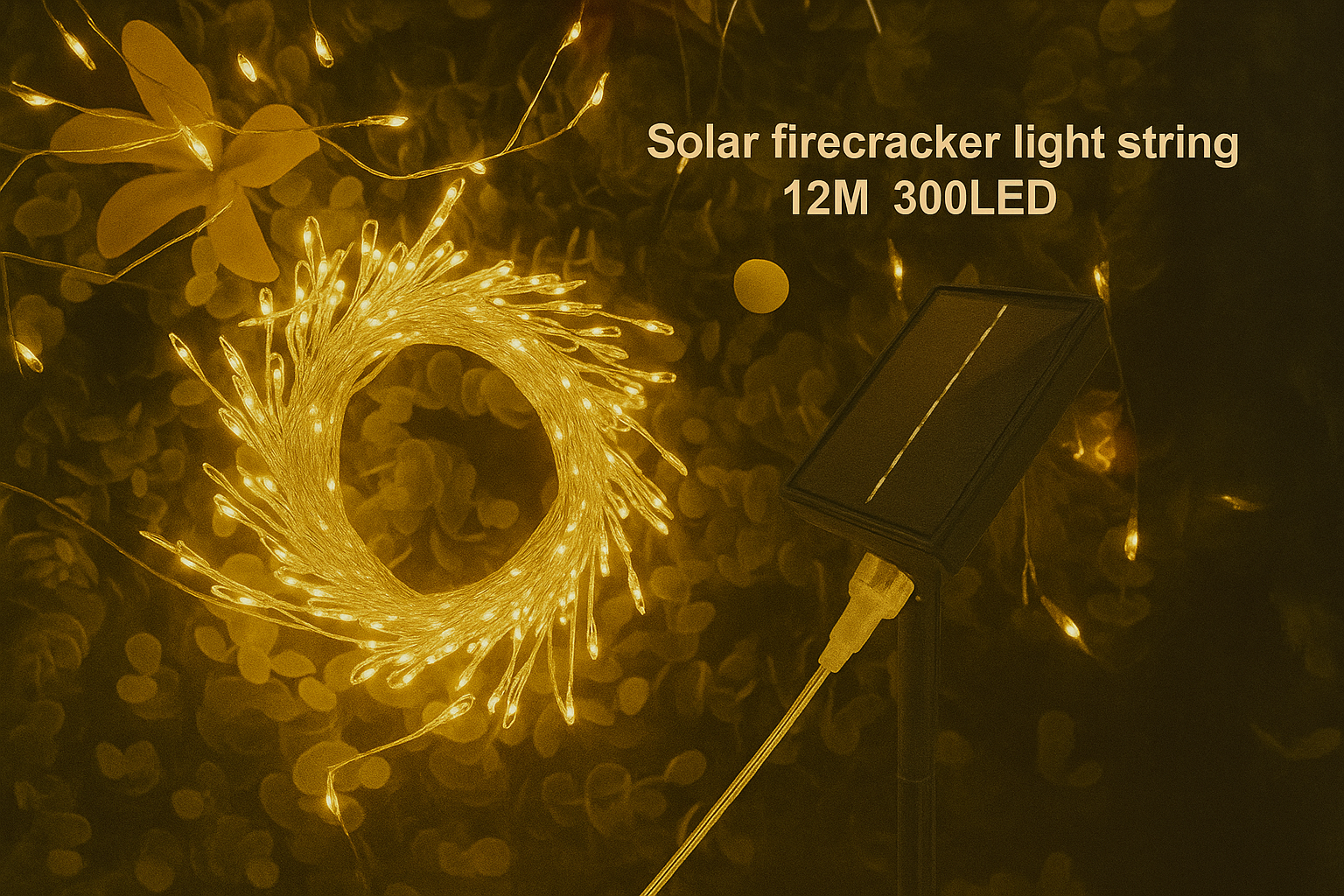 12 m-es Napelemes „Tűzijáték” LED Fényfüzér – 300 LED, kültéri dekoráció Melegfehér