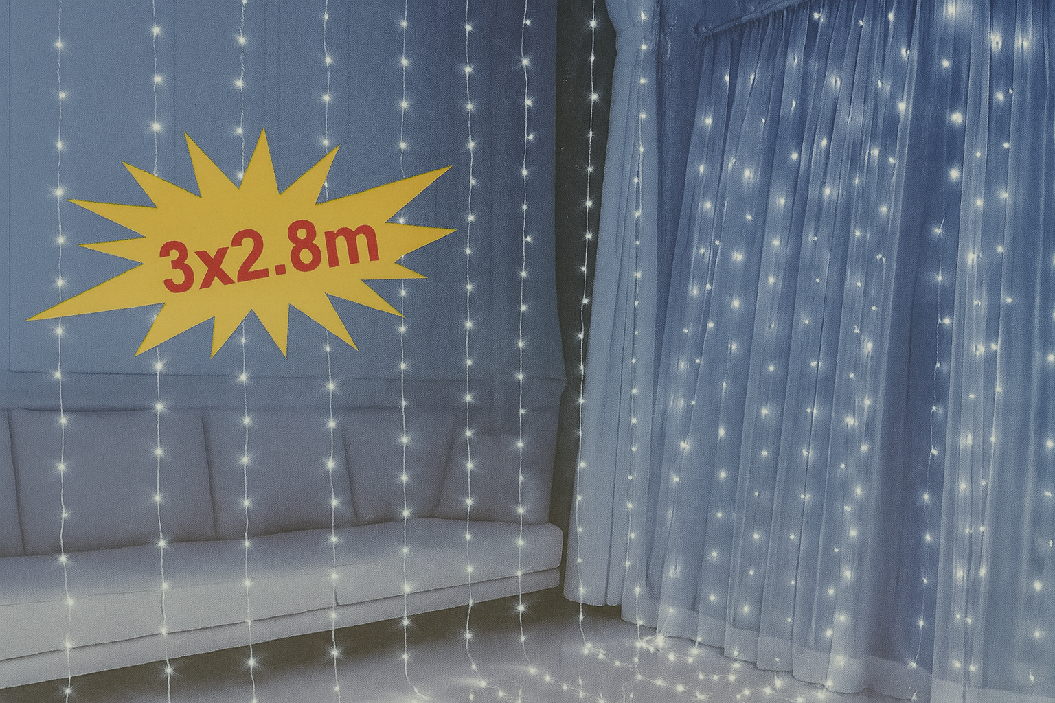 3×2,8 m-es LED Fényfüggöny – 300 LED, Hidegfehér, Beltéri Dekoráció