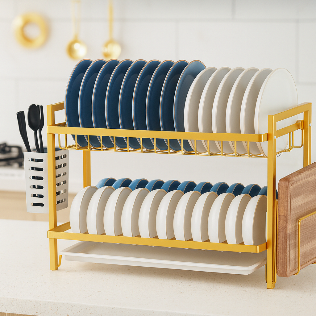 Kétszintes arany színű edényszárító – modern, helytakarékos megoldás a konyhába