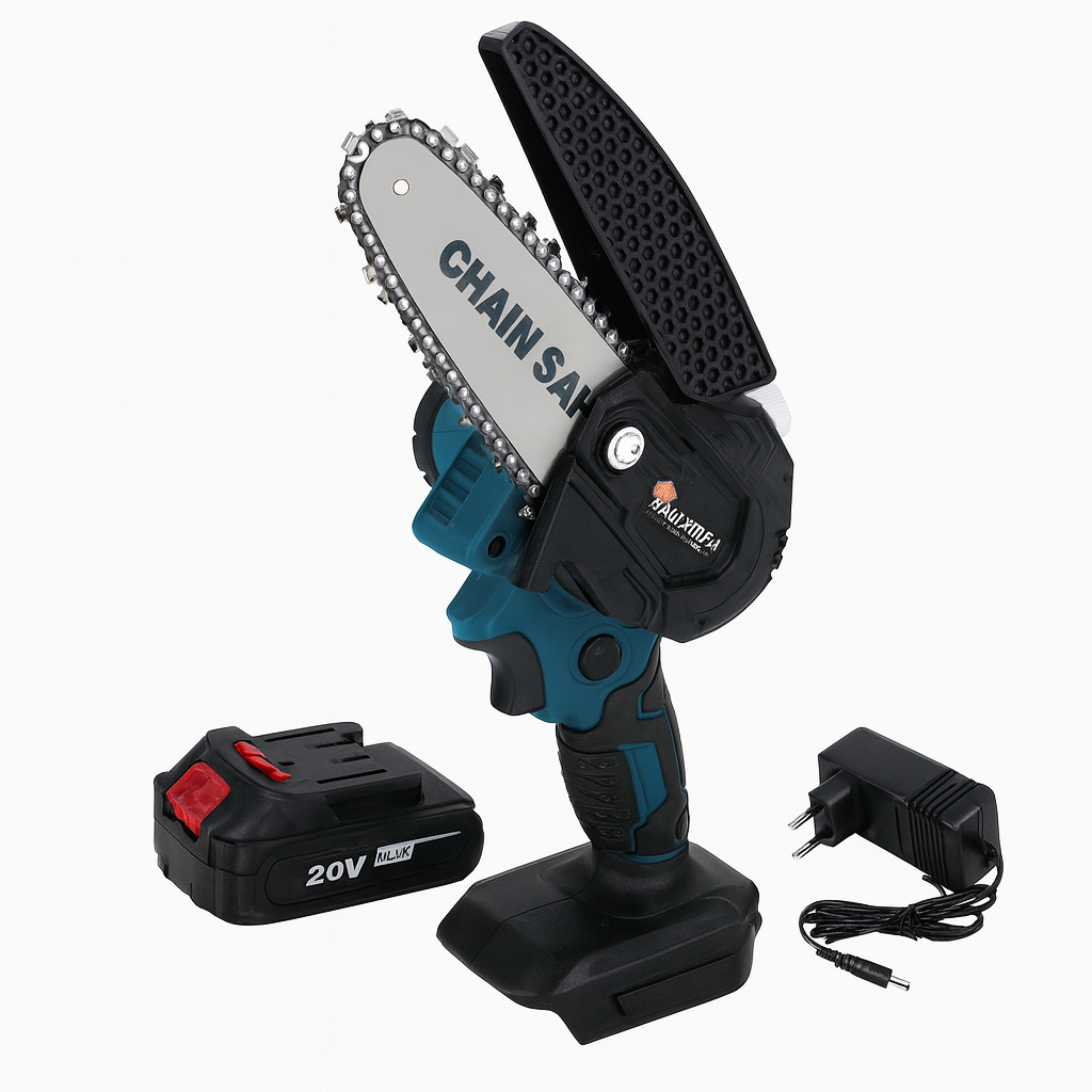 Tools Mini láncfűrész 20V Li-ion akkus – 2 akkumulátorral, 2 lánccal, 2 láncvezetővel