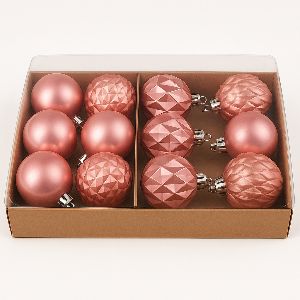 Rózsaszín karácsonyfadísz gömb szett, 12 db-os, 8 cm