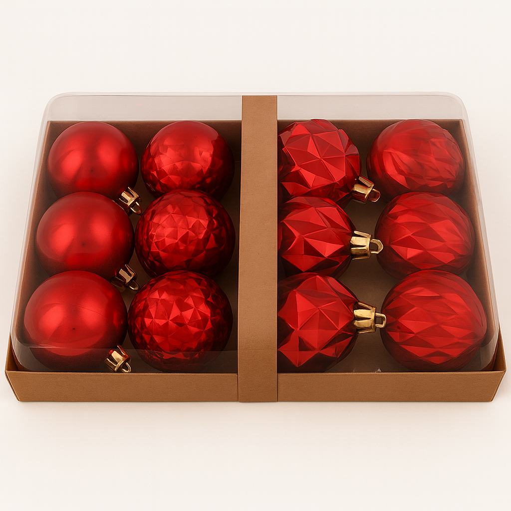 Piros karácsonyfadísz gömb szett, vegyes felület, 12 db, 8 cm, díszdobozban