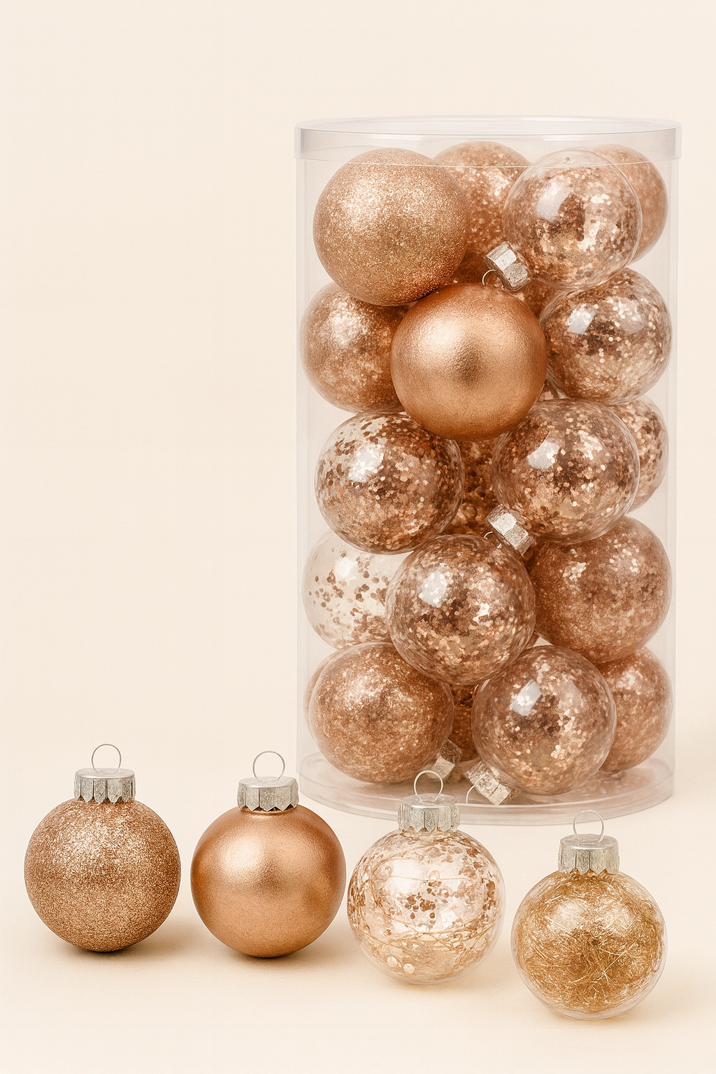 Rosé arany karácsonyfadísz gömb szett, 30 db, 6 cm, vegyes dekor, henger dobozban