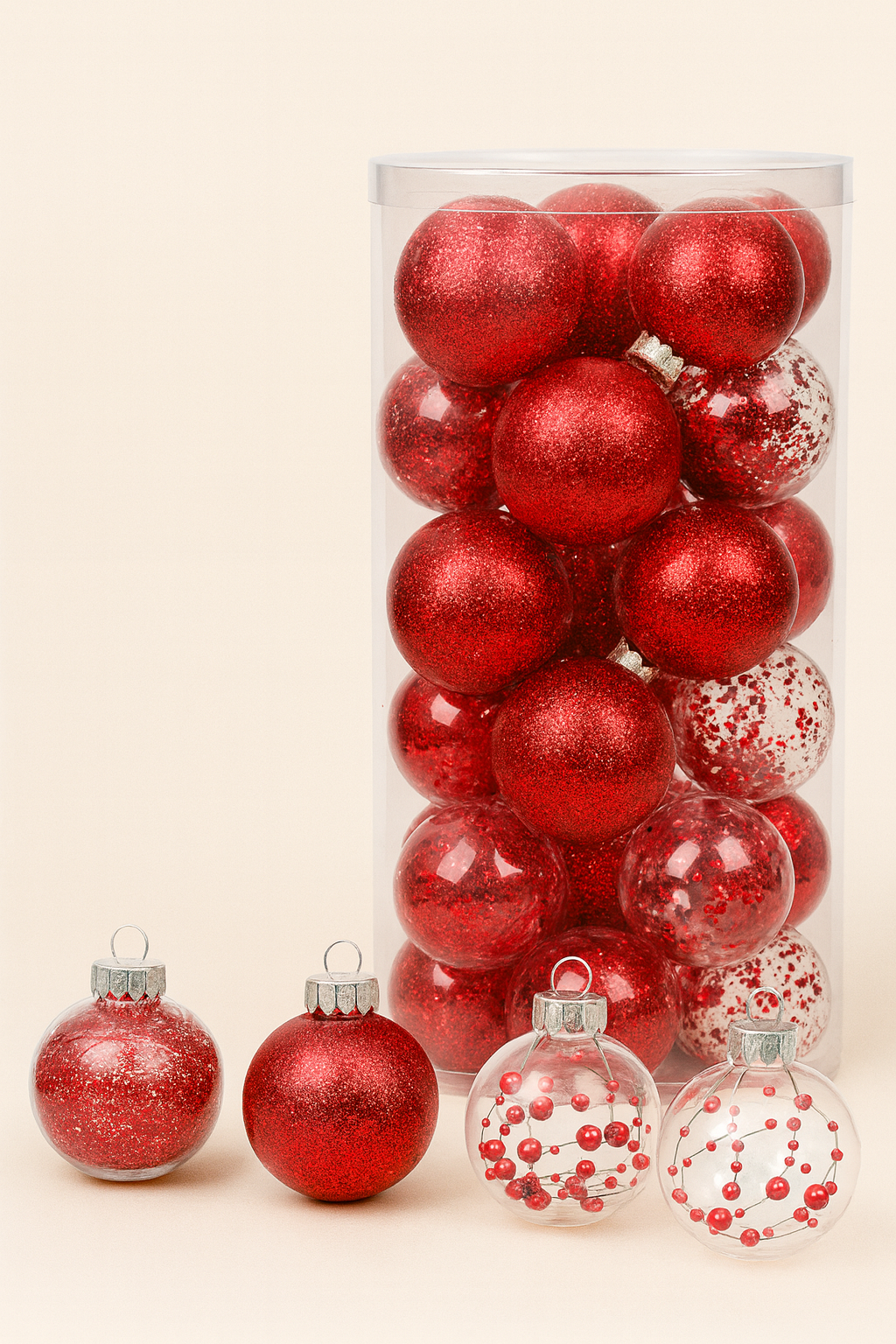 Piros karácsonyfadísz gömb szett, 30 db, 6 cm, vegyes dekor, henger dobozban