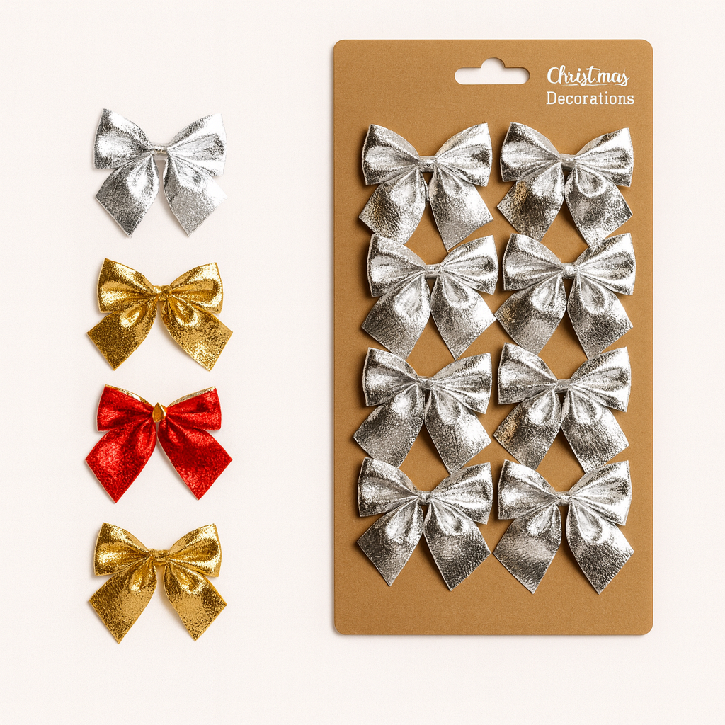 Ezüst karácsonyi masni szett, 12 db, 5×5,5 cm