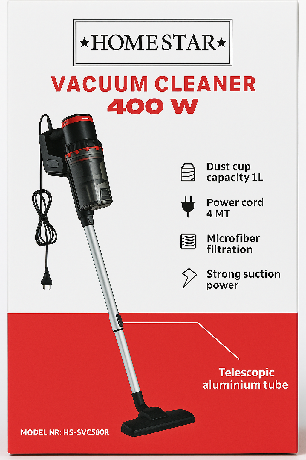 HOMESTAR HS-SVC500R 400 W vezetékes álló porszívó, 1 L portartály, teleszkópos alumínium cső