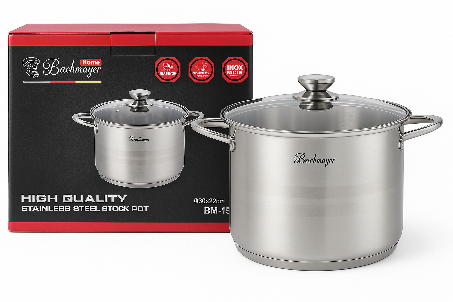 Bachmayer Home BM-155 15,5 L rozsdamentes fazék üvegfedővel, indukciós, nagy méret