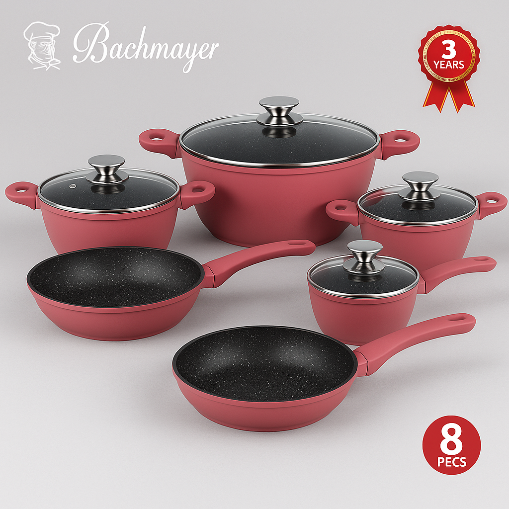 Bachmayer Home BM-7313 8 részes rózsaszín gránit bevonatos edény- és serpenyőkészlet, indukciós
