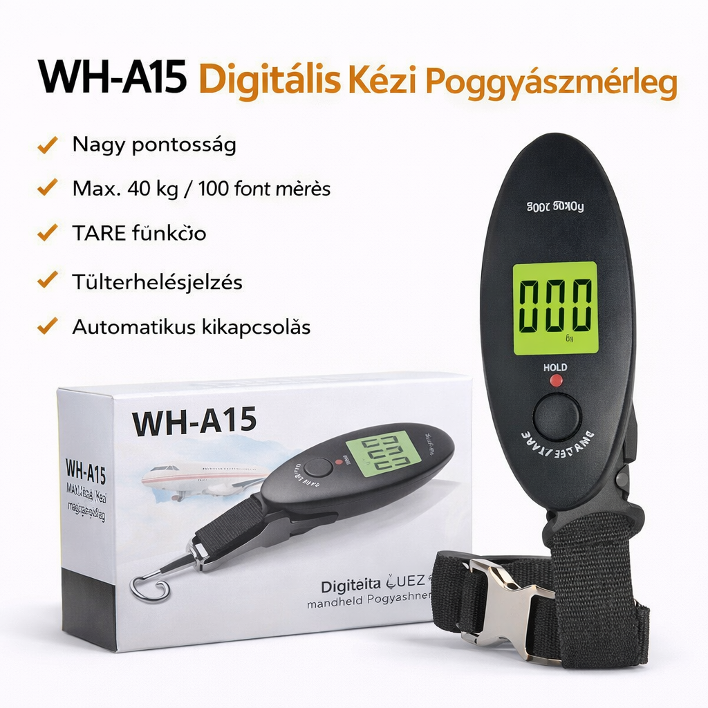 WH-A15 Digitális Poggyászmérleg 40kg – Hordozható Kézi Bőrönd Mérleg LCD Kijelzővel, TARE Funkcióval
