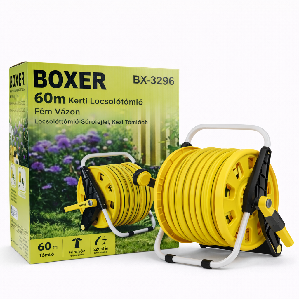 Boxer BX-3296 Kerti Tömlődob Szett 60 m – Hordozható Locsolótömlő Fém Vázzal és Szórófejjel