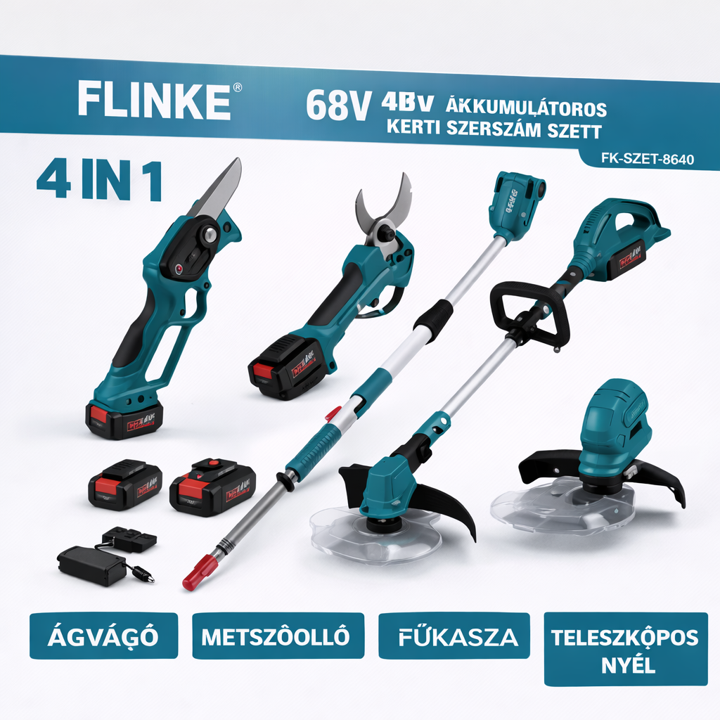Flinke 68V Akkumulátoros Kerti Szerszám Szett 4 az 1-ben – Ágvágó, Metszőolló, Fűkasza, Teleszkópos Nyéllel (FK-SZET-8640)