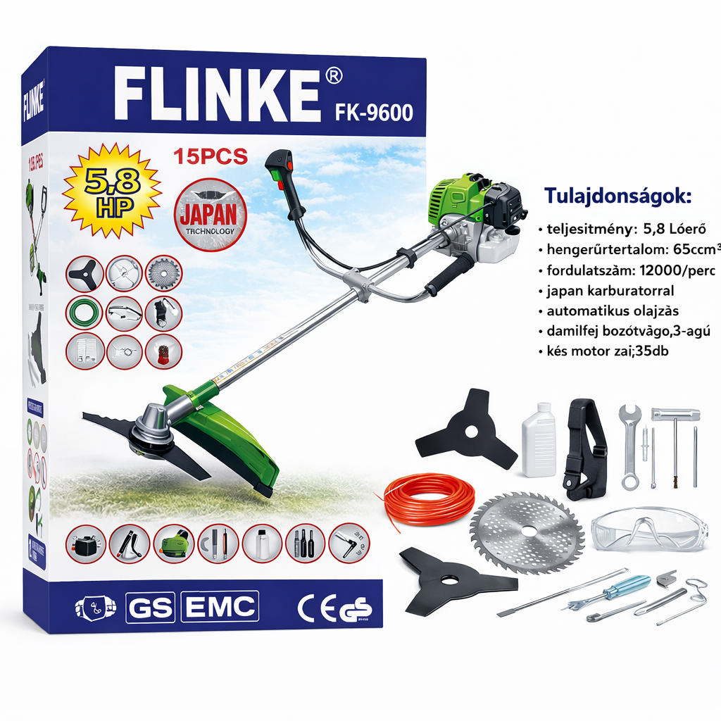 Flinke FK-9600 Benzines Fűkasza 5.8HP 65cc – 15 Részes Profi Bozótvágó Szett, Japán Karburátorral
