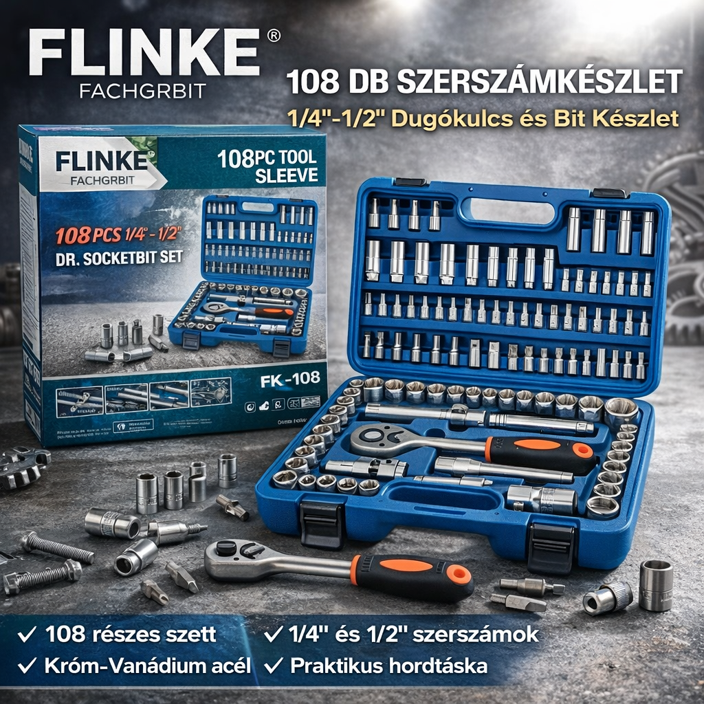 Flinke FK-108 Profi Szerszámkészlet – 108 Részes Dugókulcs és Bit Szett Kofferben