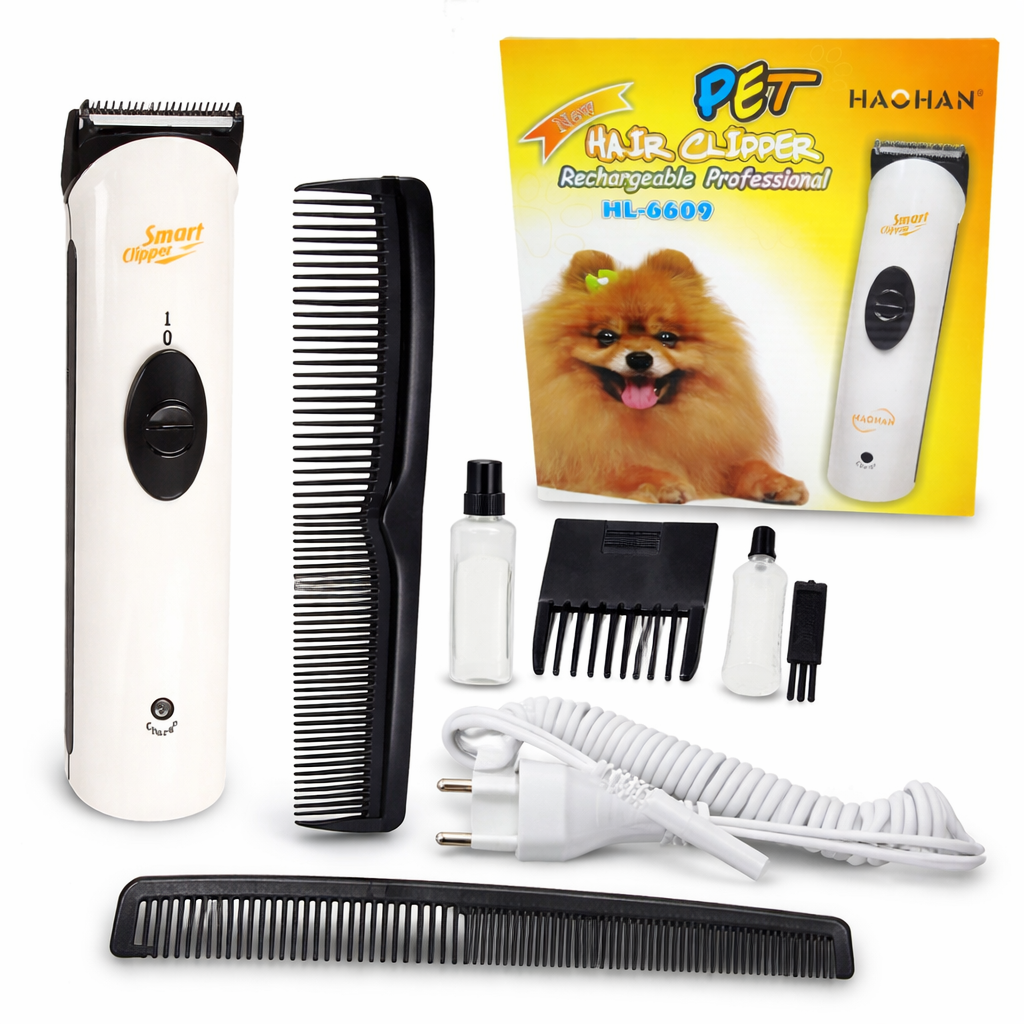 HL-6609 Akkumulátoros Kisállat Szőrnyíró – Csendes kutya/macskanyíró készlet, 4 fej, olaj, töltő