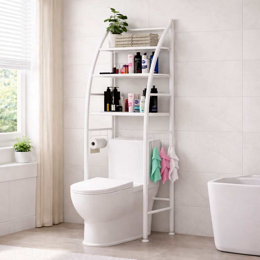 Fürdőszobai WC Fölé Helyezhető Tároló Állvány – 4 Polcos, Törölköző- és Papírtartóval