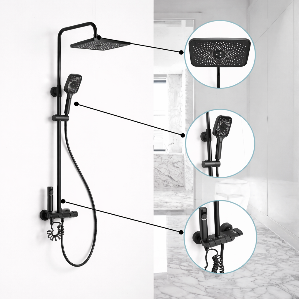 WONDER Prémium Fekete Esőztetős Zuhanyszett – Kézi Zuhannyal, Termosztátos Csapteleppel