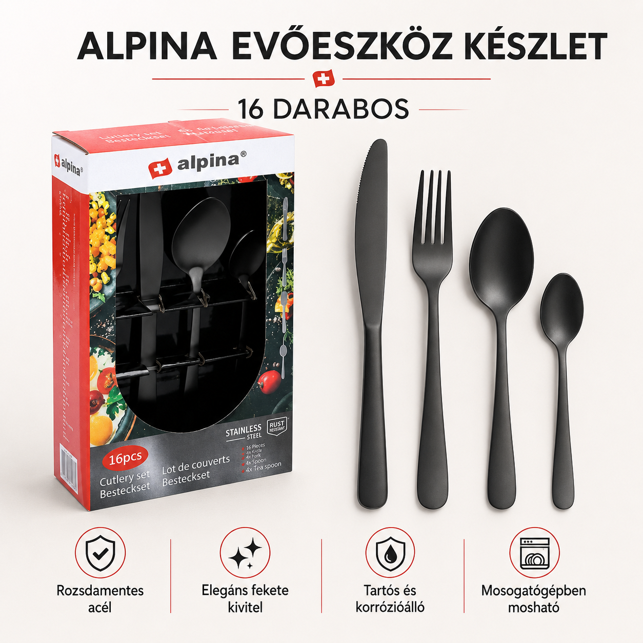Alpina 16 részes fekete rozsdamentes acél evőeszköz készlet