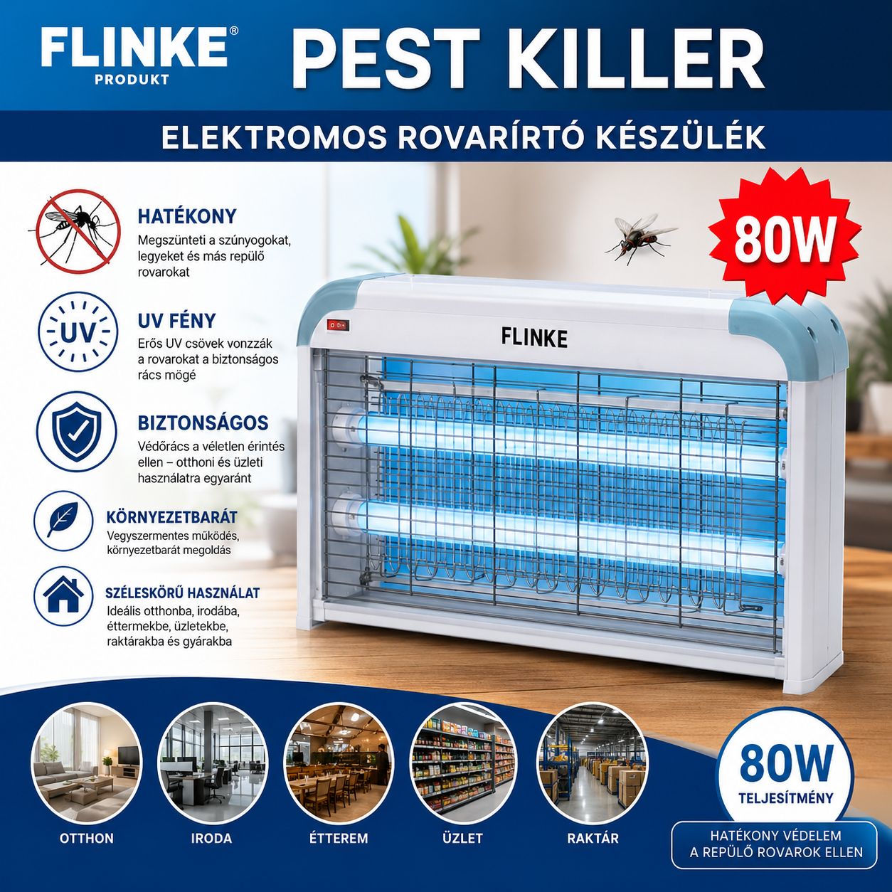 80W Elektromos Rovarirtó Lámpa UV Fénnyel – Szúnyog- és Légycsapda Otthonra, Üzletbe, Raktárba