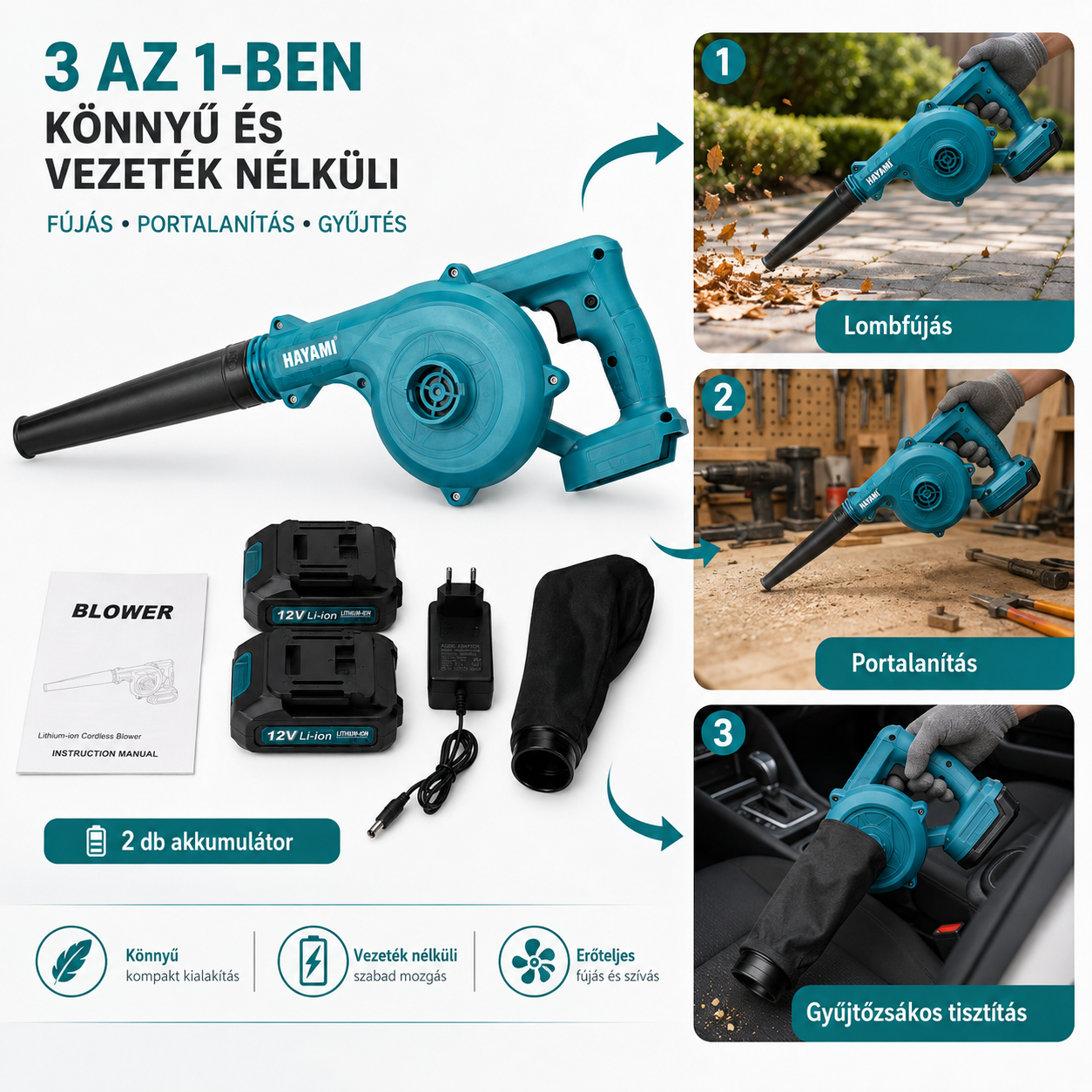 Akkumulátoros lombfúvó és kézi porszívó – 2 db 128V akkumulátorral