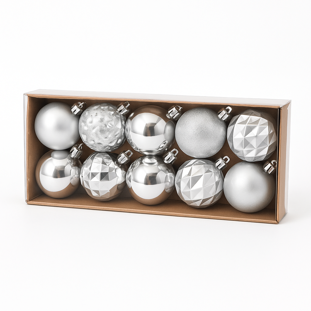 Ezüst karácsonyi gömbdísz készlet, 12 db, 8 cm