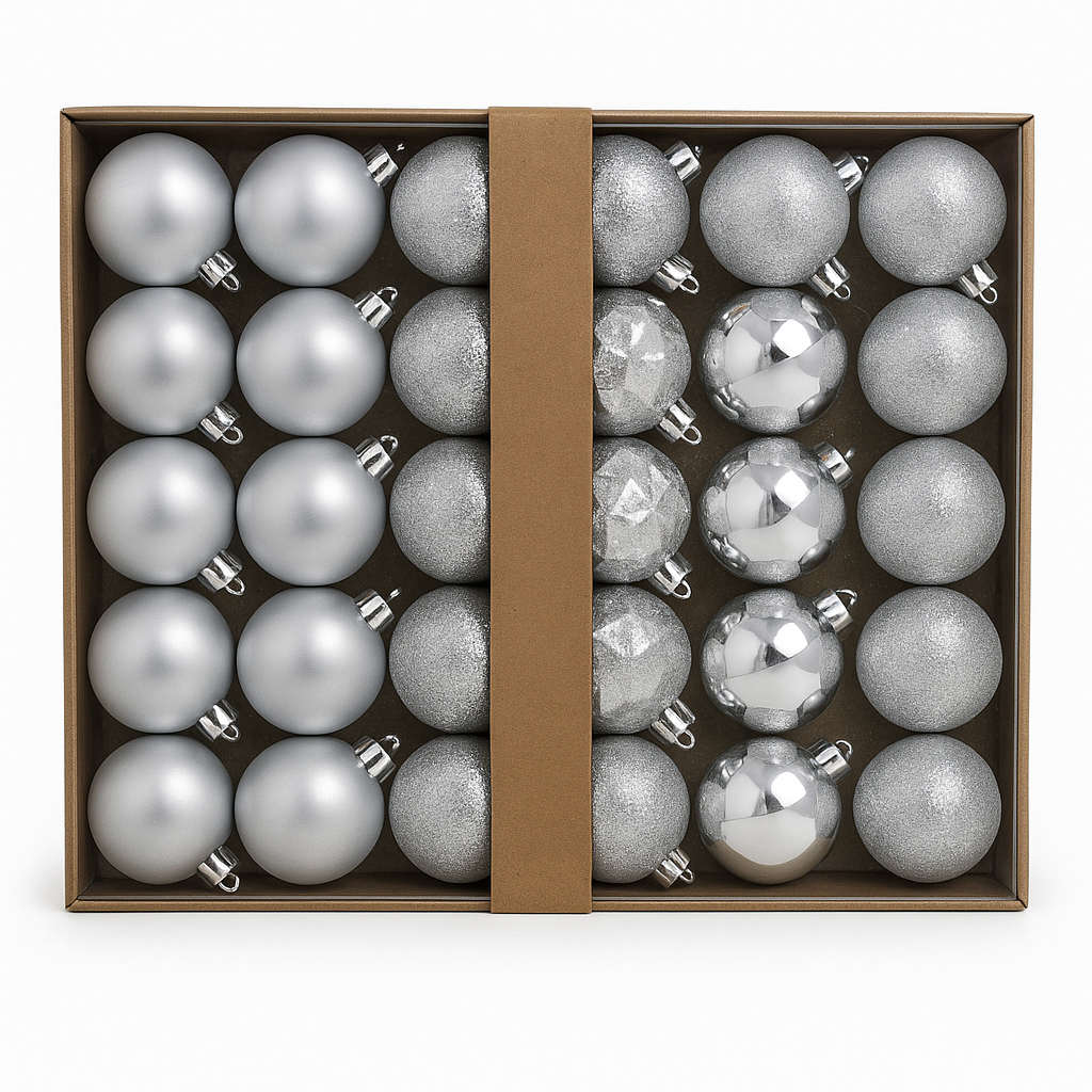 Ezüst karácsonyi gömbdísz készlet, 30 db, 6 cm