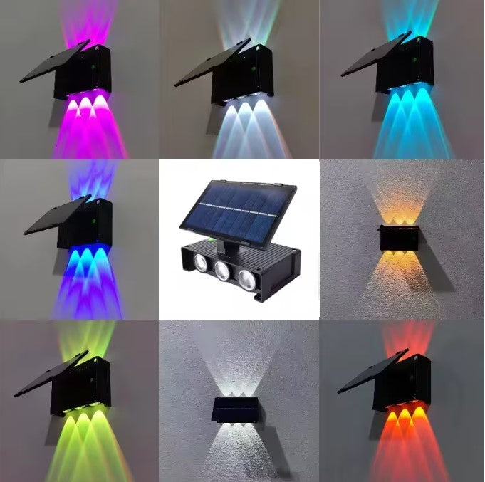 Napelemes fali lámpa, dupla, 6 LED, RGB, falra szerelhető, fel/le világítás, IP65 vízálló