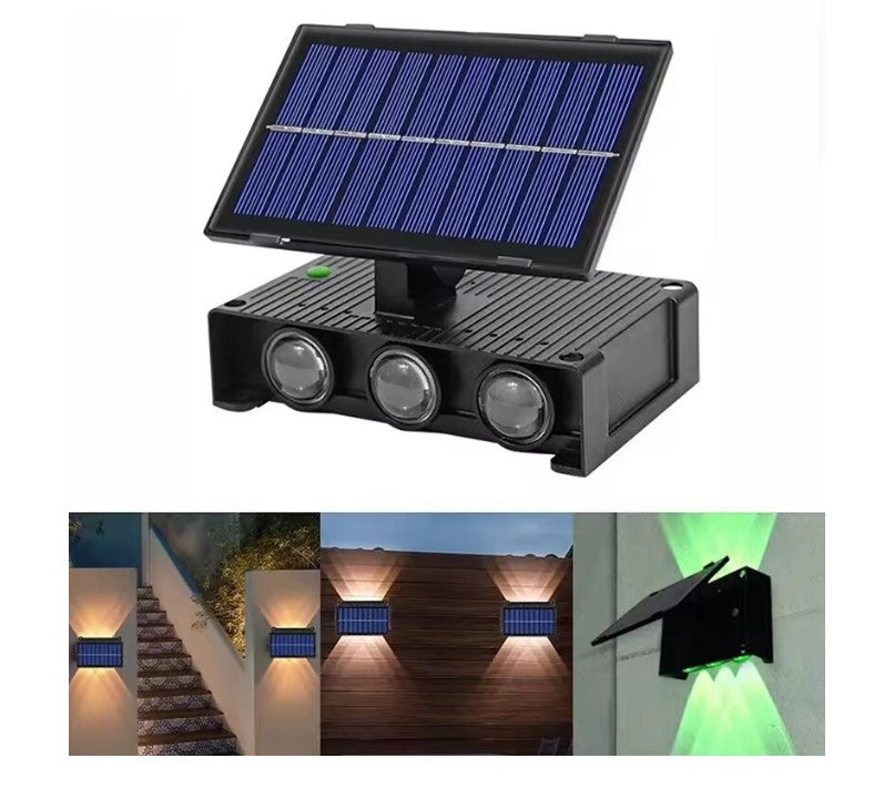 Napelemes fali lámpa, dupla, 6 LED, RGB, falra szerelhető, fel/le világítás, IP65 vízálló