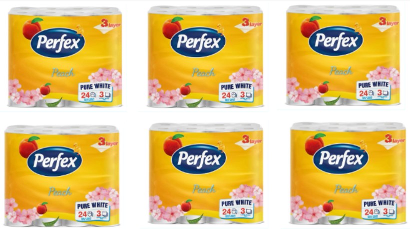 Perfex Peach 3-rétegű illatosított toalettpapír – 6×24 tekercs (144 db), nagy kiszerelés, puha & erős