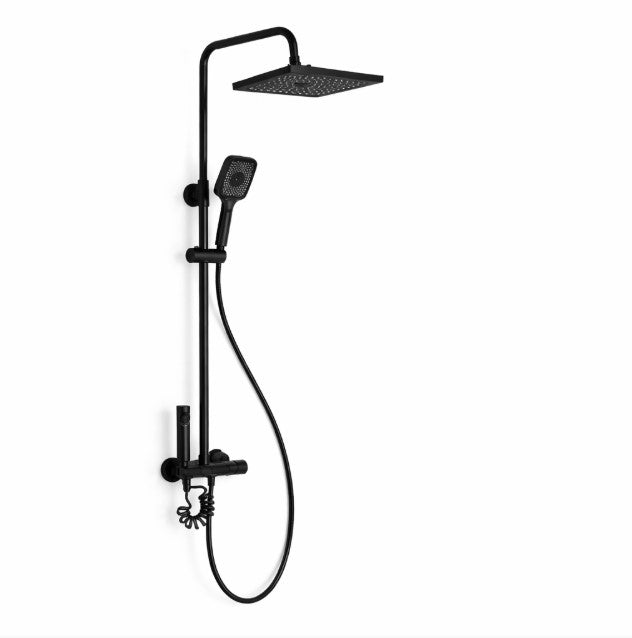 WONDER Prémium Fekete Esőztetős Zuhanyszett – Kézi Zuhannyal, Termosztátos Csapteleppel