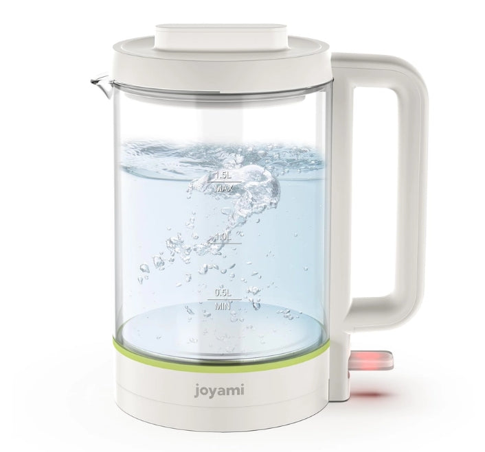 Joyami Electric Glass Kettle Elektromos Üveg Vízforraló 1,5L 1500w  A forrázásmentes védelem és az automatikus kikapcsolás gondoskodik róla, hogy a víz ne forrhasson el.