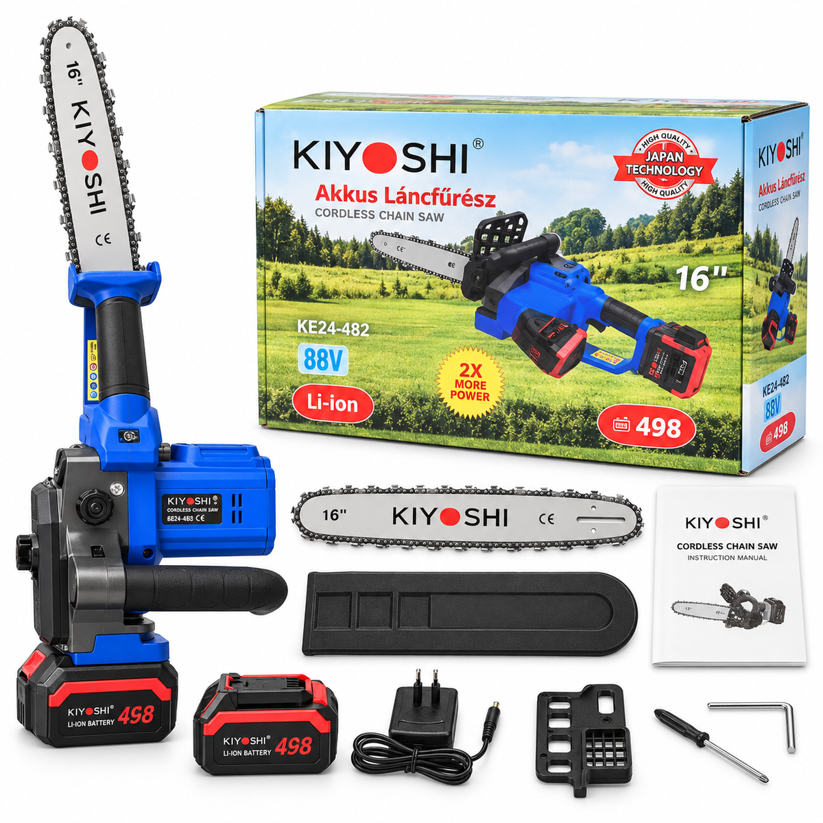 KIYOSHI 16” akkumulátoros láncfűrész, 2 db Li-ion akkumulátorral és tartozékokkal