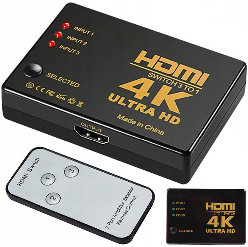 HDMI elosztó, 3 csatornás, 4K Ultra HD, távirányító