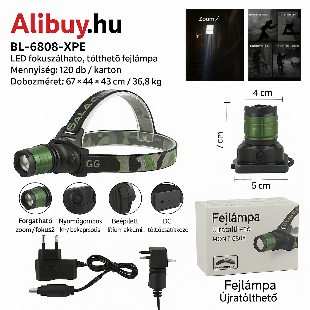 BL-6808-XPE Újratölthető LED Fejlámpa – Zoom fókusz, beépített lítium akkumulátor, hálózati + autós töltő