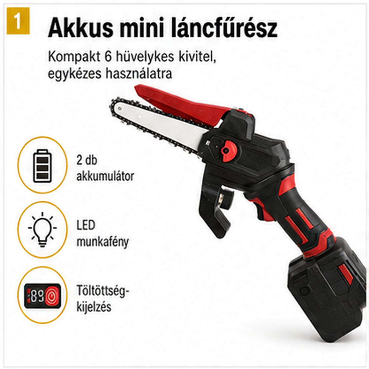 KIMIYO PH23-77 akkumulátoros mini láncfűrész, 6 colos, 2 akkumulátorral