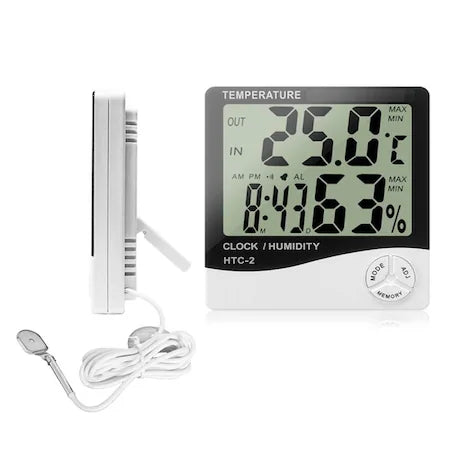 Digitális hőmérő beltéri higrométerrel és kültéri hőmérséklet érzékelővel 2m, óra és ébresztő funkció, LCD képernyő - HTC-2