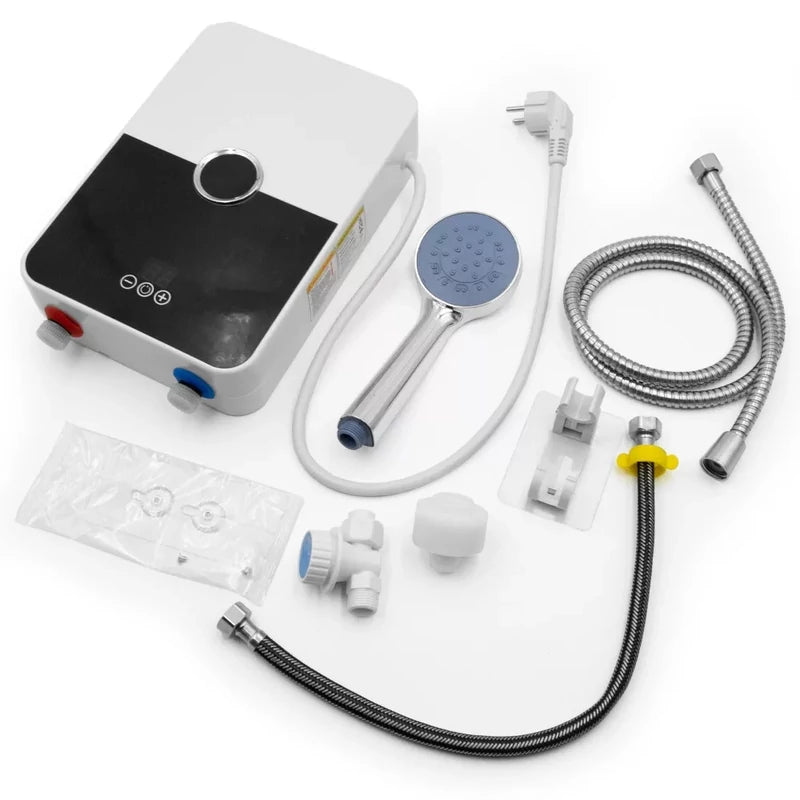 Elektromos LED Kijelzős Átfolyós Vízmelegítő Villanybojler, Fürdőszobai vagy konyhai bekötésre, zuhanyfejjel és gégecsővel, függőleges bekötéssel, falra szerelhető, RYK-001