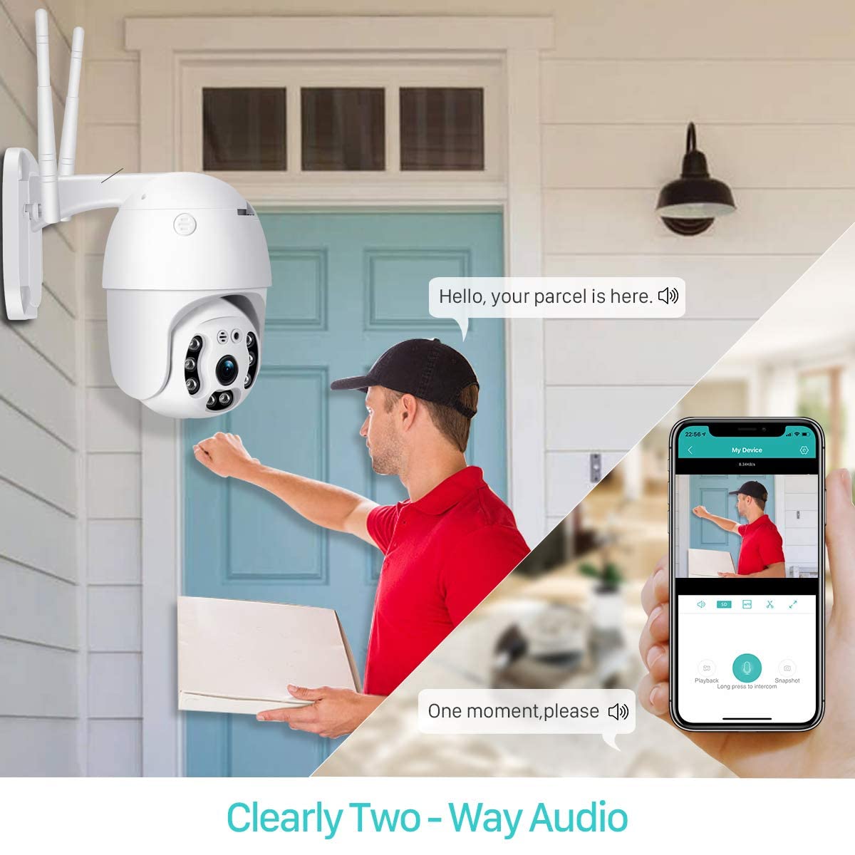 Kültéri Beltéri 1080P WiFi IP Kamera 4+4 LED mozgásérzékelés/IP66 vízálló/PTZ távoli mozgatás/kétirányú audio/éjszakai üzemmód