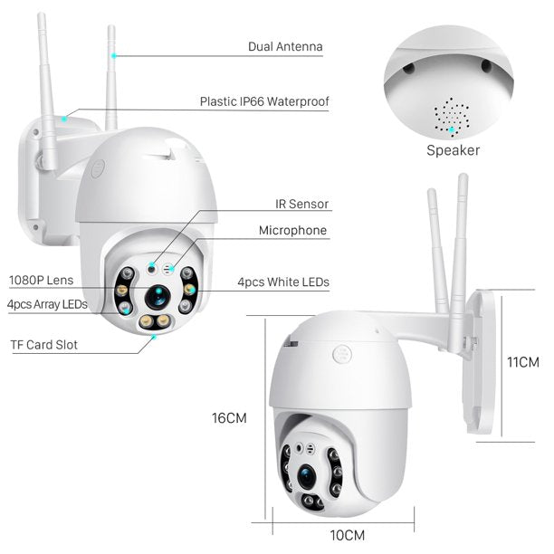 Kültéri Beltéri 1080P WiFi IP Kamera 4+4 LED mozgásérzékelés/IP66 vízálló/PTZ távoli mozgatás/kétirányú audio/éjszakai üzemmód